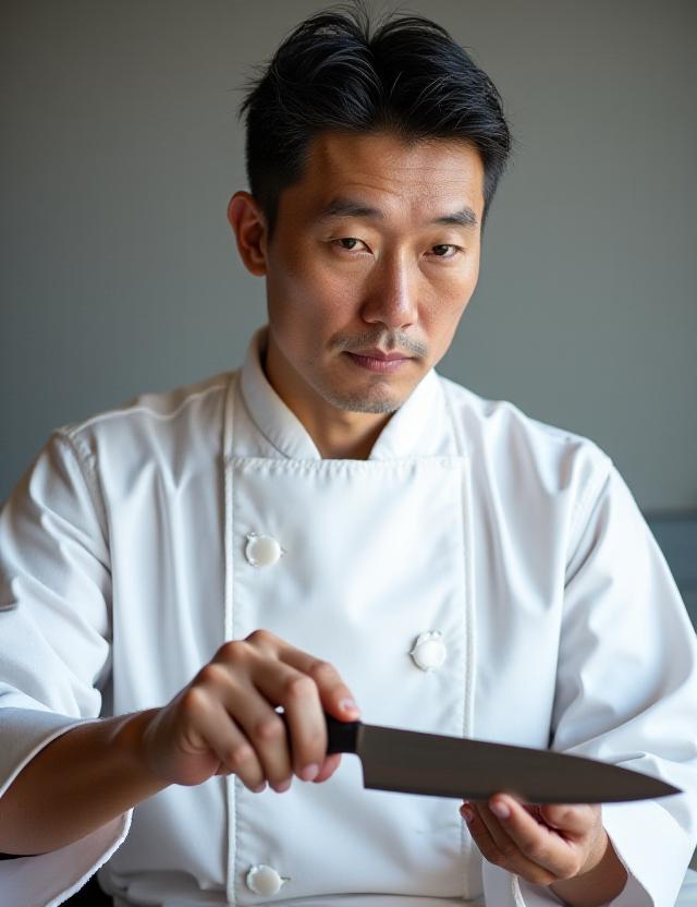 真剣な眼差しで包丁を握る料理長